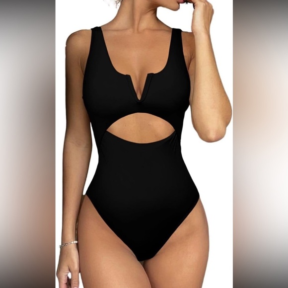 Meyeeka Womens One Piece Swimsuit V Neck Tummy Control Open Back NWT L - Picture 1 of 8